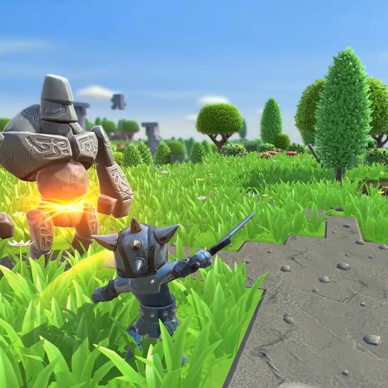 Portal Knights Screenshot of warrior battling a stone monster